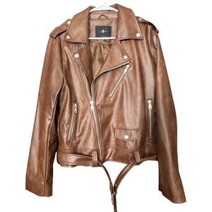 7FAM Faux Leather Moto Jacket Brown Asymmetrical Zip Women L Biker Chic PunkRock